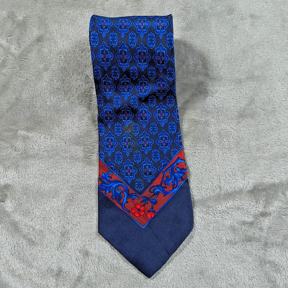 Vintage Gianni Versace Tie Blue Red Floral Geometric‎ Medallion Silk 57x4 Spain